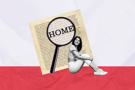 Horizontal photo collage of dreamy girl sitting on floor searching for new apartment home magnifier read page on paper texture backgroundの写真素材