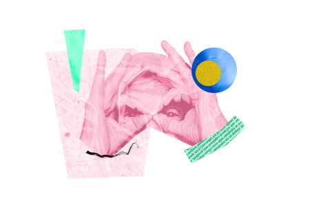 Photo collage mature man incognito spying eyesight unusual cut elements espionage huge eyeball observation oversee drawing backgroundの写真素材