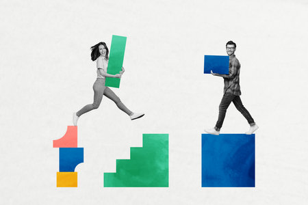 Collage creative poster monochrome effect young woman man happy smile powerful hold carry colorful...