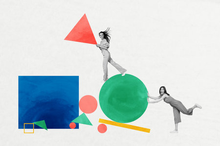 Creative collage picture illustration monochrome effect excited happy joyful young two ladies carry...