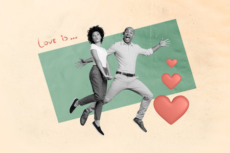 Full length photo collage of funky pair in love jumping trampoline enjoying their relationships...