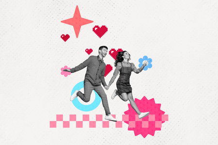 Artwork 3d collage of two peaceful excited black white colors partners hold arms run painted hearts flowers isolated on paper backgroundの写真素材