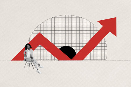 Photo collage image sitting young businesswoman huge progress arrow go upwards increase profit income success target reach accomplishmentの写真素材