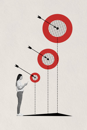 Vertical collage poster young successful girl hit target perfect strategy accuracy arrows center dot aim browsing smartphoneの写真素材