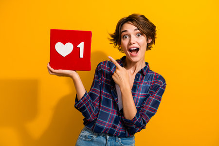 Portrait of excited impressed girl with bob hairstyle wear plaid blouse directing at like reaction isolated on yellow color backgroundの写真素材