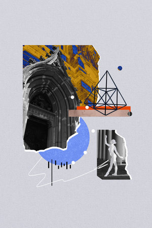 Vertical creative collage picture young dancing ballerina girl ancient entrance architecture building tourism excursion urban travelerの写真素材