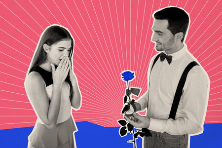 Creative collage picture black white effect charm lovely couple propose date surprise sketch rose shocked happy marriage jewelry unusualの写真素材