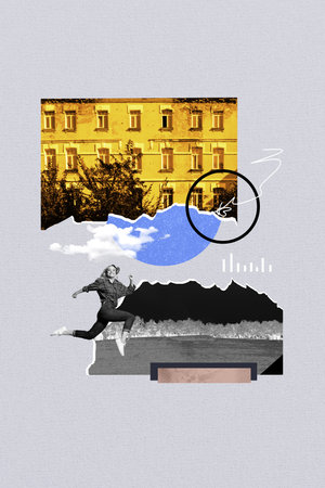 Vertical creative collage image poster running young girl traveler environment forest trip old apartments architecture urban vacationの写真素材