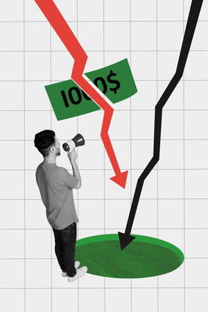 Collage graphics picture of stressed guy announcing money devaluation isolated painting backgroundの写真素材