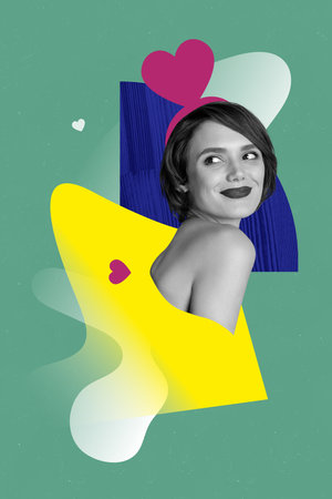 Pop pinup retro collage of charming woman prepare for 14 february date using new cosmetics products on special salesの写真素材