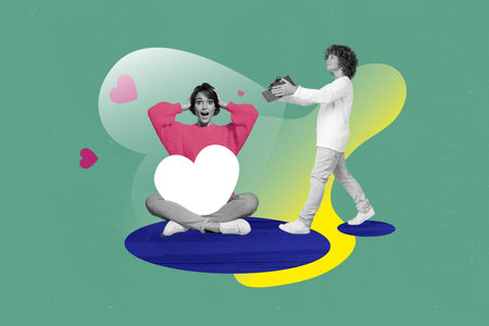 Retro image picture collage of loving teen boy give present impressed girl with heart shape invitation postcardの写真素材