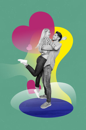 Vertical creative collage image of cute couple hug lift girlfriend boyfriend date valentine day concept weird freak bizarre unusual fantasyの写真素材