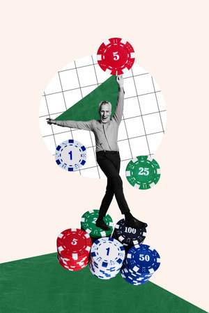 Vertical collage image of excited mini black white effect wealthy grandfather stand pile stack casino chip tokens isolated on creative backgroundの写真素材
