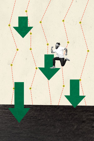 Creative trend collage of man run jump down arrow recession statistics business data weird freak...