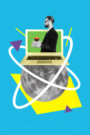 Composite collage picture image of man businessman netbook screen full moon night weird freak bizarre unusual fantasyの写真素材