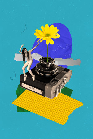 3d retro abstract creative artwork template collage of yellow flower bloom photographing funny female weird freak bizarre unusual fantasyの写真素材