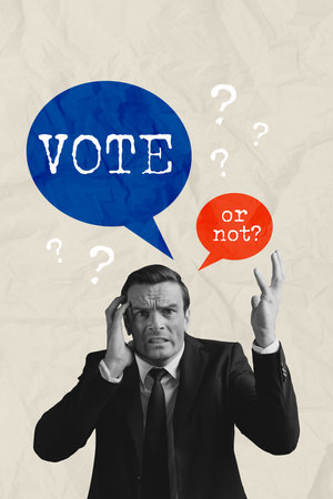 Artwork image collage of stressed depressed man thinking vote or not in presidential elections...