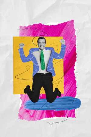 Vertical collage sketch of cheerful happy gentleman celebrtae holiday jumping up with raised hands isolated on painted backgroundの写真素材