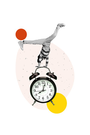 Collage pop retro sketch image of carefree funny child standing arms vintage clock isolated painting backgroundの写真素材