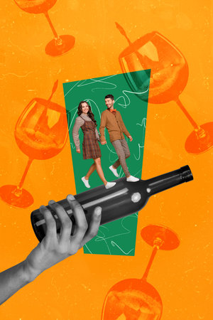 Picture collage of two young people going romantic date in restaurant bartender waiter hold red dry wine isolated on drawing backgroundの写真素材