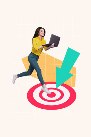 Vertical collage image of positive girl use laptop run darts board target arrow pointer isolated on...
