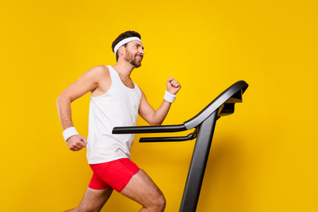 Profile portrait of determined fitness man running treadmill empty space ad isolated on yellow color backgroundの写真素材