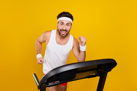 Portrait of sporty motivated positive handsome guy enjoy running treadmill isolated on yellow color...