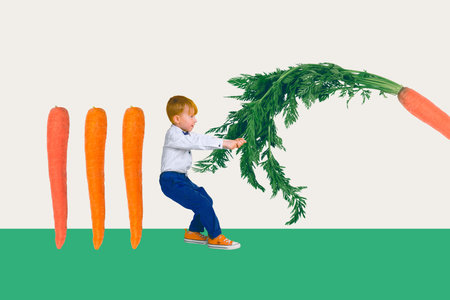 Composite collage image of funny cute little boy pulling carrot harvest gardening weird freak bizarre unusual fantasy billboardの写真素材