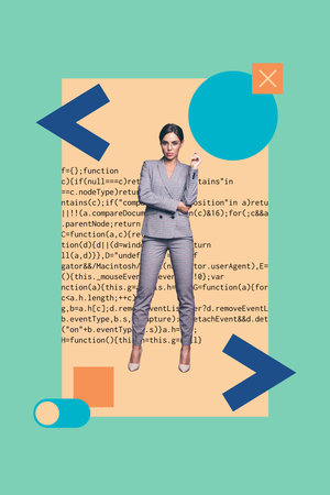 Vertical creative collage image of confident woman programmer data science coding app data optimization weird freak bizarre unusual fantasyの写真素材