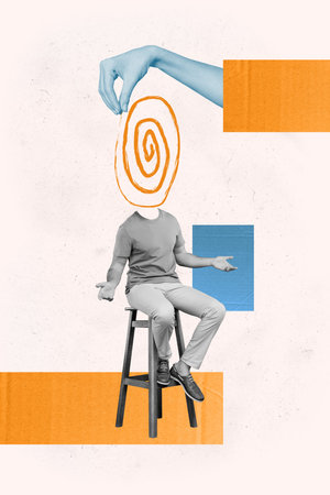 Vertical creative collage poster sitting young man confused hypnosis spiral instead head faceless propaganda concept manipulationの写真素材