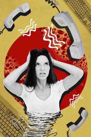 Vertical composite photo collage of annoyed woman hold head look at ringing phones tired of...
