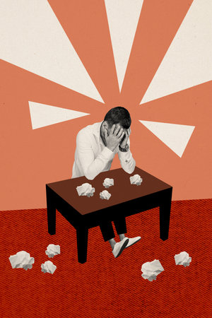 Vertical creative collage poster sitting young man table crying despair depressed negative feeling...