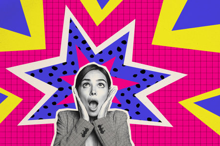 Horizontal creative photo collage of black white gamma young woman with opened mouth impressed shocked amazed of sales discount offersの写真素材