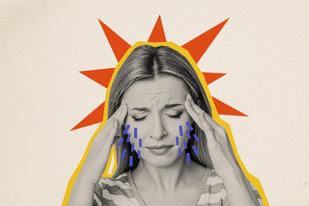 Collage image of black white effect girl arms fingers touch temples suffer headache cry tears isolated on beige backgroundの写真素材