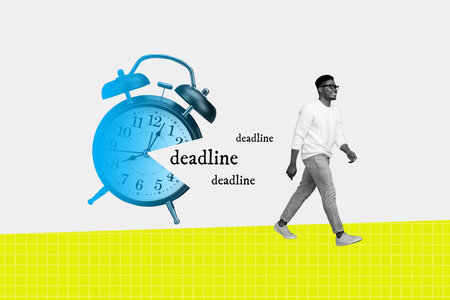 Creative trend collage of man walking freelancer manager deadline time clock hurry weird freak bizarre unusual fantasyの写真素材