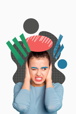 Vertical creative collage image of irritated female cover ears avoid loud noise migraine weird freak...