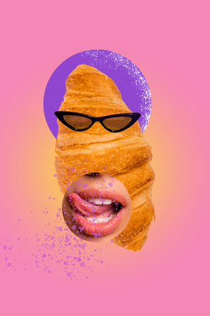 Vertical collage image illustration creative caricature cool croissant eyewear lick lips tasty delicious bakery bun pink backgroundの写真素材