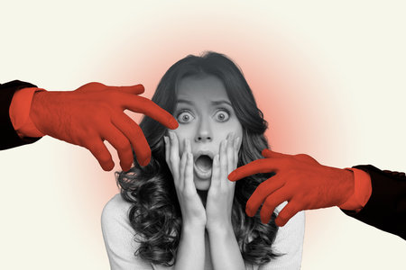 Horizontal creative banner image photo collage with terrified young woman staring in astonishment hands touch body stop sexual harassmentの写真素材