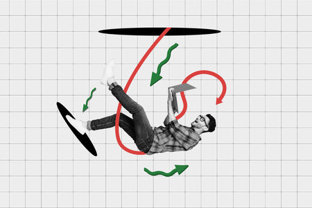 Collage creative poster black white effect happy excited young man work distance arrow hold success...