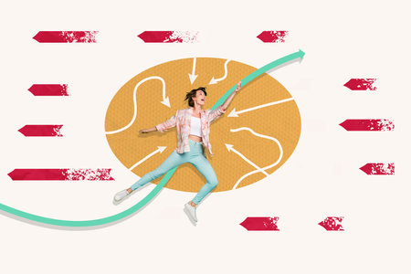 Creative collage picture banner jumping young happy woman towards success rise dream target goal...