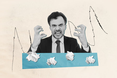 Horizontal magazine unusual picture collage photo with mad aggressive middle aged man office worker crumpled paper burnout stressedの写真素材