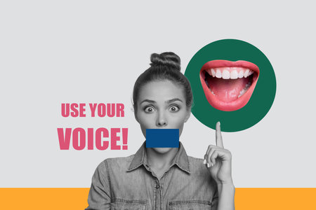Creative trend collage of taped mouth female point amazed vote campaign use your voice rights weird...