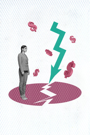 Collage artwork graphics picture of unhappy lady struggling money decrease isolated painting white color backgroundの写真素材