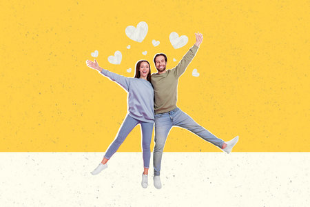 Horizontal creative photo collage of funny sweet couple jump together cuddling rising hands and legs smile laugh on yellow backgroundの写真素材
