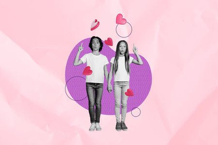 Horizontal photo collage of two teenager kids girl and boy hold hands first love sympathy valentine day surprised pointing fingers upwardsの写真素材
