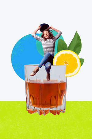 Collage imege of funny comic girl sitting glass holding hat enjoying cool weeknd isolated on drawing backgroundの写真素材
