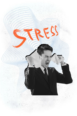 Photo collage artwork minimal picture of stressed angry guy tearing documents screaming isolated graphical white color backgroundの写真素材