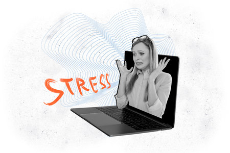Horizontal caricature surreal collage photo with miniature female worker manager inside of laptop display shocked stressed overworkの写真素材