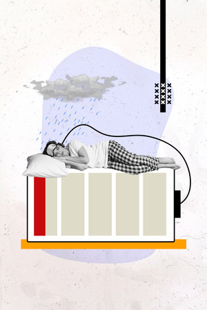 Vertical creative collage poster young sleeping girl take nap restore energy overworked exhausted...