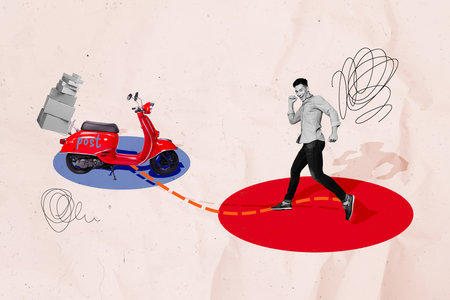 Creative magazine collage of young man buyer addicted shopaholic running to courier post moped with giftboxes delivery over pink backgroundの写真素材